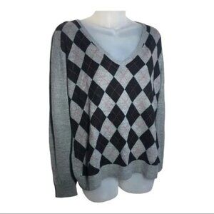 NEW YORK‎ & COMPANY WOMEN'S GRAY/BLACK/RED V-NECK ARGYLE SWEATER SIZE LARGE-EUC